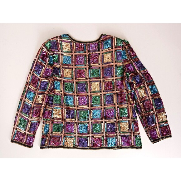 VTG Laurence Kazar Silk Sequin Cocktail Jacket Multicolor Jeweltone Squares M/ L - Picture 9 of 10